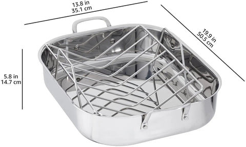 Heavy Gauge Stainless Steel Rectangular Roasting Pan With V Shape Rack Big Bird Turkey Roaster Oven Safe Dishwasher Ready 16 Inch Sturdy Handles Total Kitchen Flex