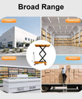 Hydraulic lift table cart with orange platform and black scissor-lift mechanism, 770 lb capacity, four locking wheels.