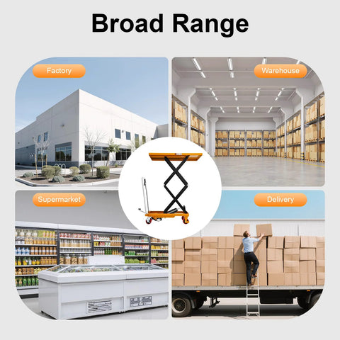 Hydraulic lift table cart with orange platform and black scissor-lift mechanism, 770 lb capacity, four locking wheels.