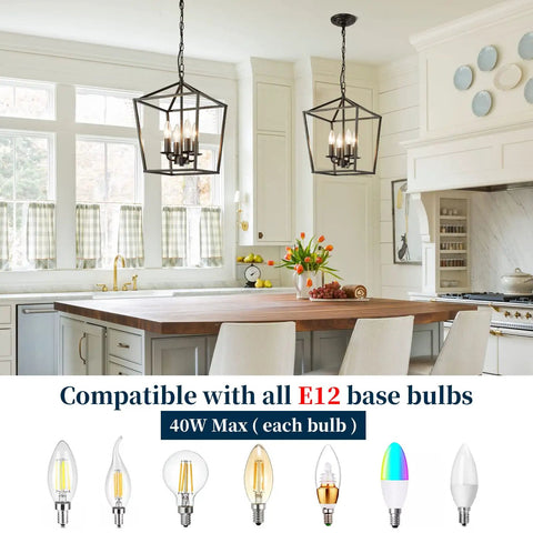 Four Light Black Farmhouse Chandelier With Industrial Metal Cage Adjustable Height Rustic Hanging Light in a kitchen.