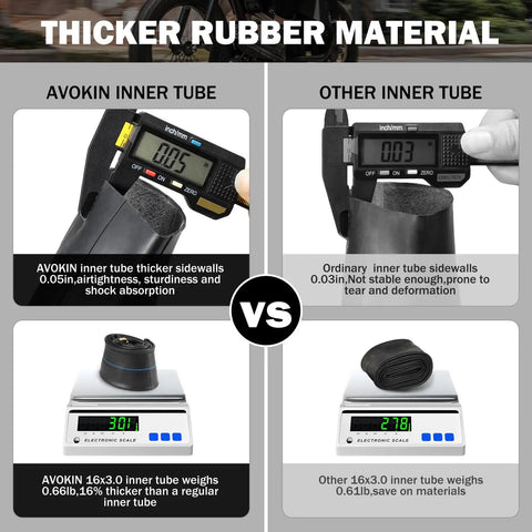 Comparison of Avokin and Other Inner Tubes, featuring Two Pack 16x3.0 Inner Tubes With 90 Degree Angled Valve For 16 Inch Tires