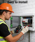 Man inspecting 12 Way Waterproof Power Distribution Box Built Like a Tank With Cold Rolled Steel Plate and Embedded Brass Nuts Heavy Duty Din Rail Enclosure.
