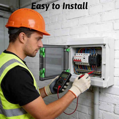 Man inspecting 12 Way Waterproof Power Distribution Box Built Like a Tank With Cold Rolled Steel Plate and Embedded Brass Nuts Heavy Duty Din Rail Enclosure.