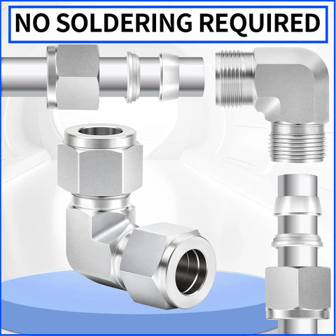 ChillWaves 304 stainless steel compression fittings, 1/4 in OD x 1/4 in OD, 90-degree elbow and union, 2-pack