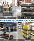Wide range of applications for Heavy Duty Utility Rolling Cart With Four Lockable Wheels, 3-Tier Plastic Service Cart in office, restaurant, garage, warehouse