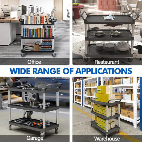 Wide range of applications for Heavy Duty Utility Rolling Cart With Four Lockable Wheels, 3-Tier Plastic Service Cart in office, restaurant, garage, warehouse