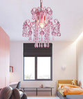 Modern Pink Mini Crystal Chandelier For Princess Rooms And Small Spaces, chic hanging light fixture in a bedroom setting