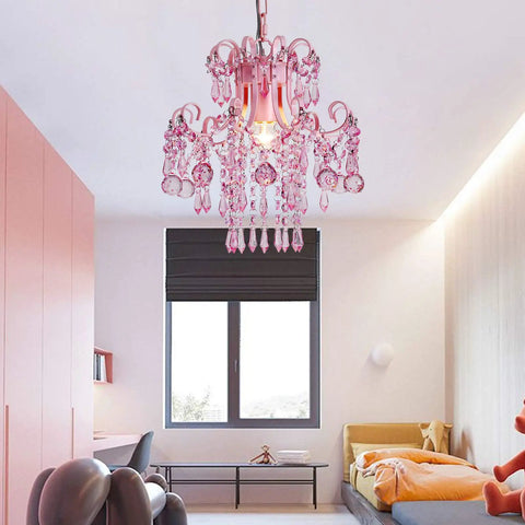 Modern Pink Mini Crystal Chandelier For Princess Rooms And Small Spaces, chic hanging light fixture in a bedroom setting