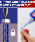 Applying blue red threadlocker set on metal bolt for secure fastening