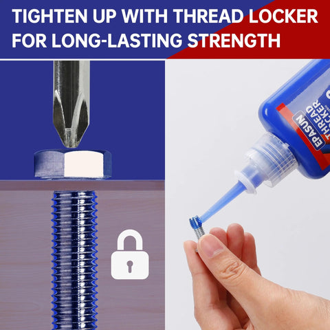 Applying blue red threadlocker set on metal bolt for secure fastening