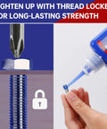 Blue Thread Locker M243 Medium Strength 50 ml bottle applied to a bolt to prevent loosening and corrosion on metals.