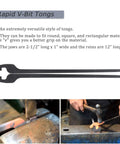 V-bit tongs from the Five Types Blacksmith Tongs Bundle With Rivets For Beginners Featuring Flat Jaw Bolt Jaw Scroll Jaw Slot Jaw And V Bit Jaw Set For Metalworking And Welding Projects Dope Tools For Your Workshop Made From Five Sixteenth Inch Mild Steel used for gripping metal on an anvil.