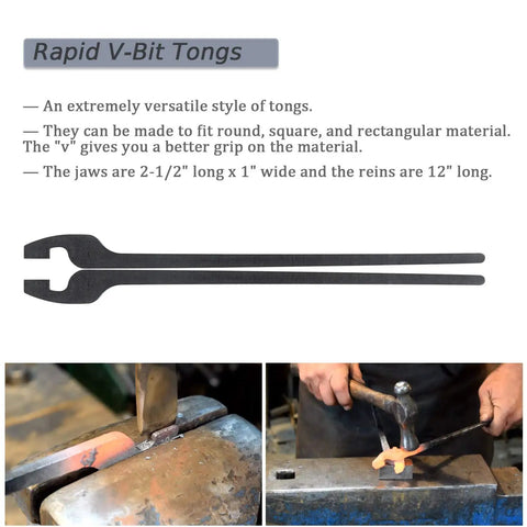 V-bit tongs from the Five Types Blacksmith Tongs Bundle With Rivets For Beginners Featuring Flat Jaw Bolt Jaw Scroll Jaw Slot Jaw And V Bit Jaw Set For Metalworking And Welding Projects Dope Tools For Your Workshop Made From Five Sixteenth Inch Mild Steel used for gripping metal on an anvil.
