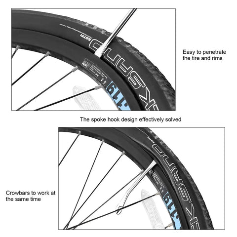 16 In 1 Bike Repair Kit With 3 Tire Levers demonstrating tire removal on bike rim