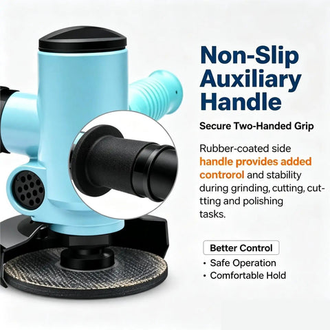 Detail of Non-Slip Rubber Auxiliary Handle on Knockout Four Inch Pneumatic Air Angle Grinder for stable cutting and polishing.