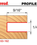 Diagram showing 9/16 inch slot depth and 1/4 inch carbide height for 9/16 Inch Depth Slotting Cutter Set With 1/2 Inch Shank And 1/4 Inch Carbide Height Includes Three Wing Slotting Cutters, Arbor And Bearing For Handheld Or Table Mounted Routers, For Dado, Mortise And Precise Grooves In Wood with Freud branding.