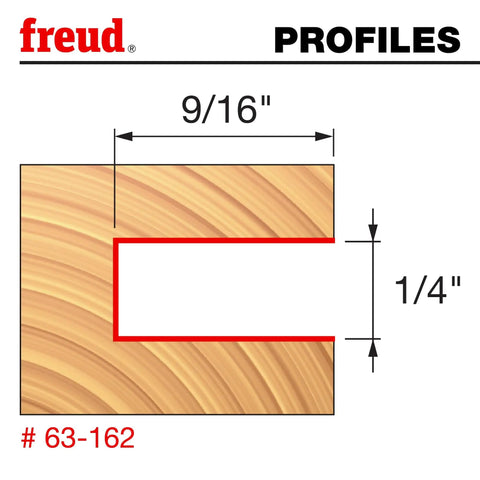 Diagram showing 9/16 inch slot depth and 1/4 inch carbide height for 9/16 Inch Depth Slotting Cutter Set With 1/2 Inch Shank And 1/4 Inch Carbide Height Includes Three Wing Slotting Cutters, Arbor And Bearing For Handheld Or Table Mounted Routers, For Dado, Mortise And Precise Grooves In Wood with Freud branding.