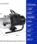 Shallow Well Pump With Stainless Steel Build, 1.6 HP Water Transfer Pump, 115V Garden Irrigation Pump with specifications chart