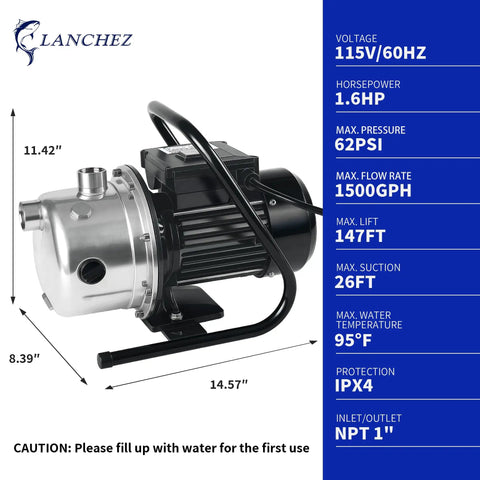 Shallow Well Pump With Stainless Steel Build, 1.6 HP Water Transfer Pump, 115V Garden Irrigation Pump with specifications chart