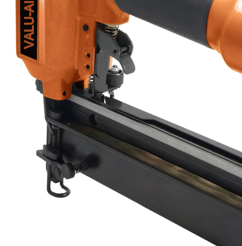 Close-up of 16 Gauge Pneumatic Finish Nailer showing nail slot for trim and molding projects, part of tool visible