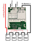 Beefy 4S 100A 12V BMS Protection Board With Smooth Cell Balancing For LiFePO4 Battery Banks showing connections to four batteries.