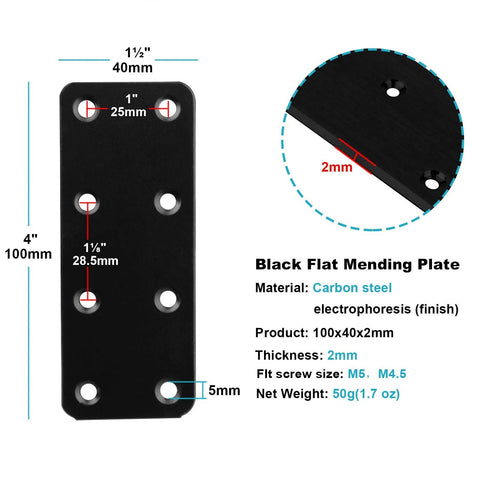 Diagram of 20 Pack Black Mending Plates 4 Inch Long By 1-1/2 Inch Wide Straight Wood Connector Carbon Steel Predrilled With Eight Countersunk Holes