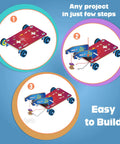 Building steps of a car project from the 30in1 Electricity and Magnetism STEM Kit for Kids Ages 8 9 10 11 12 13 14 Hands On Science Toys