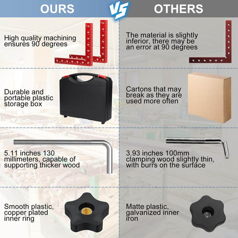Comparison of right angle corner clamp set includes pro-grade aluminum four pack, 5.5-inch square with durable plastic storage case.