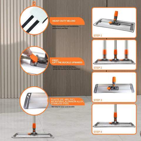 Heavy Duty 17 Inch Microfiber Flat Mop Built Like A Tank For No Sweat Floor Care Game Changing Design showing assembly steps and materials.