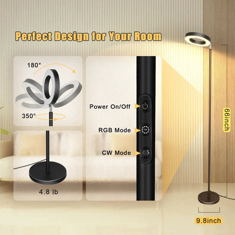 Double Sided LED Floor Lamp With Alexa And Google Home Voice Control 42W 3700LM Dimmable RGB CW Color Changing Torchiere 2700K To 6500K Bright Standing Light For Bedroom And Living Room