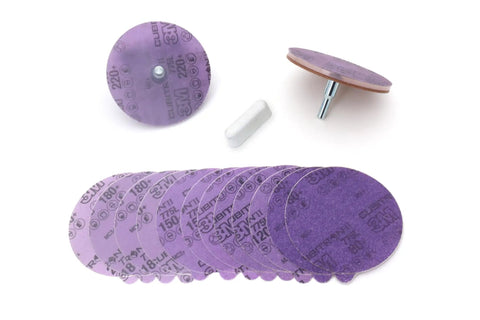 5 Inch Drill Press Sharpener For Woodworking Tools Chisels And Plane Blades Comes With Steel Arbors Acrylic Discs PSA Abrasive Discs Horsebutt Leather And Honing Compound For Fast Razor Sharp Edges And Precise Sharpening, showing abrasive discs and arbor.