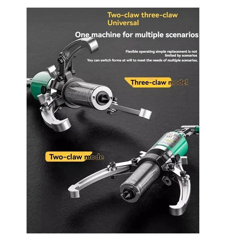 Beefy 10 Ton To 20 Ton Hydraulic Three Jaw Bearing Puller With Integrated Lateral Split Arms, two modes shown in image.