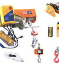Heavy Duty Gantry Crane 2000 Lbs Portable Electric Hoist And Trolley With Remote shown with control devices and hooks.