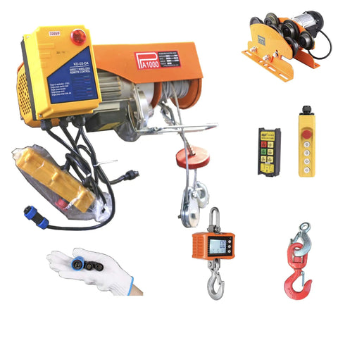 Components of Beefy Portable Gantry Crane 2000 Lbs Lift Capacity Ten Point Five Feet Wide Adjustable Gantry including hoist and hooks.