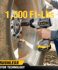 One Half Inch Cordless Impact Wrench Delivers Serious Kick Through A Brushless Motor Pumping Fifteen Hundred Ft Lbs Of Beefy Twist and three fast modes in use on a vehicle wheel.