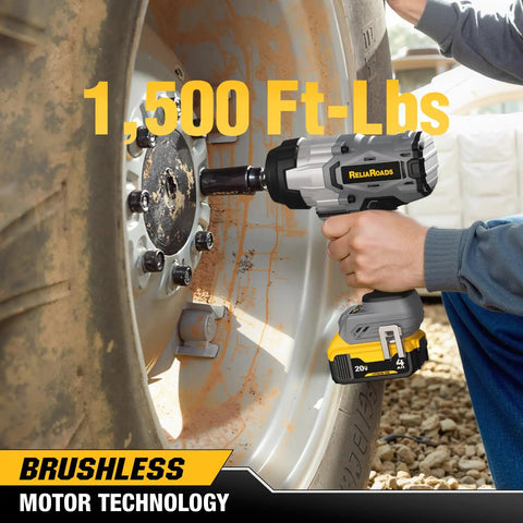 One Half Inch Cordless Impact Wrench Delivers Serious Kick Through A Brushless Motor Pumping Fifteen Hundred Ft Lbs Of Beefy Twist and three fast modes in use on a vehicle wheel.