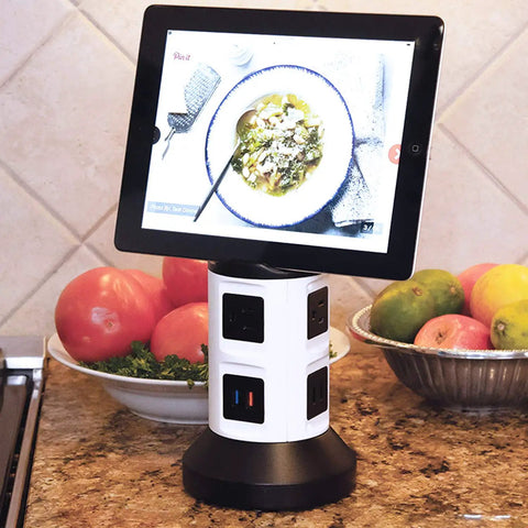 4 Outlet Power Strip With 6 USB Ports, 360 Degree Swivel, Surge Protector holding a tablet on kitchen counter