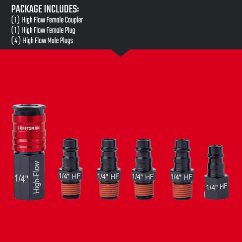 Craftsman 6-piece high-flow fittings kit, aluminum, 1/4-in NPT; front view shows red coupler and five black fittings.