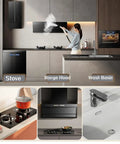 Modern kitchen with stove, range hood, and sink; woman using Handheld Steam Cleaner With LCD Display And One Click Control.