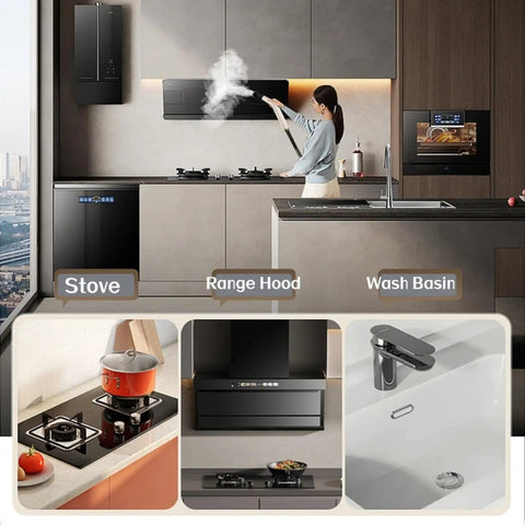Modern kitchen with stove, range hood, and sink; woman using Handheld Steam Cleaner With LCD Display And One Click Control.
