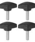 Four Pack Tee Wing Thumb Screws M6 X 20mm Standard Male Thread Black T Handle Knobs in a set of four with silver threads.