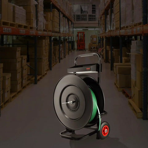 Heavy Duty Banding Strapping Cart Smooth Operator Rig For Pet Pp And Fiber Rolls with green strapping in warehouse setting.