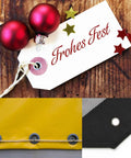 Collage showing 'Frohes Fest' tag with red ornaments and grommets on fabric, related to One Half Inch Grommet Kit 100 Sets Four Colors.