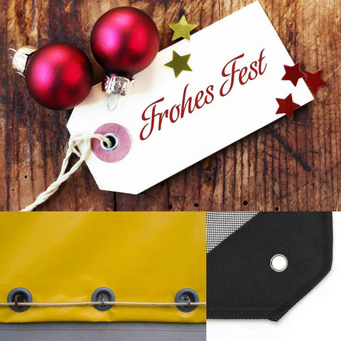 Collage showing 'Frohes Fest' tag with red ornaments and grommets on fabric, related to One Half Inch Grommet Kit 100 Sets Four Colors.