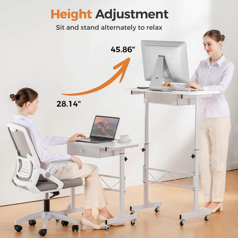 Compact Adjustable Standing Desk On Wheels For Home Office, Rolling Laptop Table With Height Range 27.6 To 45.3 Inches in use
