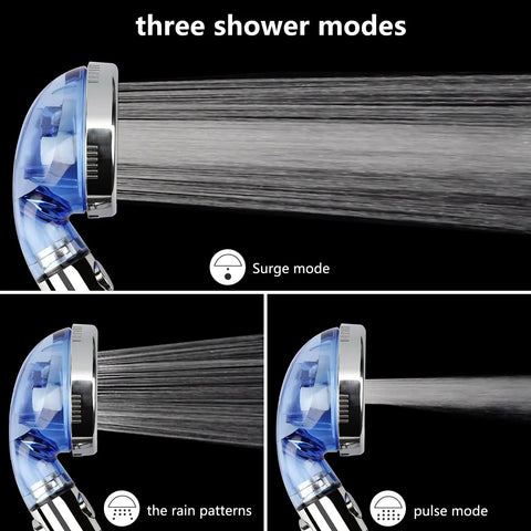 High Pressure Jetting Shower Head With 3 Modes, Modern Chrome Finish, ABS Body, showing surge, rain, and pulse modes