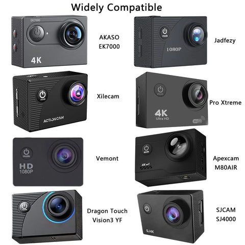 Image showing compatibility of Waterproof Action Camera Case with various cameras including AKASO EK7000, SJ4000, and M80AIR.