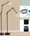 10X Magnifying Floor Lamp With Light And Stand 3 In 1 Hands Free Loupe For Estheticians shown with flexible gooseneck and 360° rotation.
