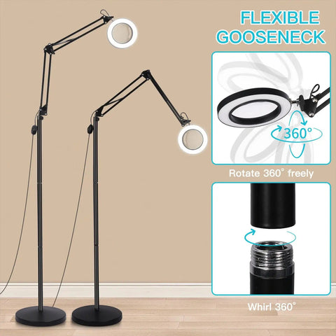 10X Magnifying Floor Lamp With Light And Stand 3 In 1 Hands Free Loupe For Estheticians shown with flexible gooseneck and 360° rotation.