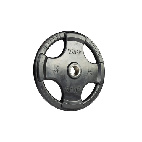 Heavy Duty Rubber Coated Olympic Weight Plate 45 Pounds with anti-slip grip designed for barbell workouts.
